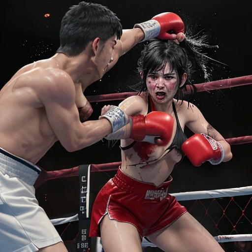 a female and a male are face to face and fighting in the fighting ring. a bloody beautiful young Japanese female fighter is being beated terribly by a male fighter. a man is punching a female. She is cornered on the ring ropes by the male. Blood is dripping from her nose. She is covered in scars and bruises. she is damaged terribry. Short-cut black hair, out of breath, drooling from mouth, crying, exhausted, drenched in sweat. Erect nipples. open finger glove.
