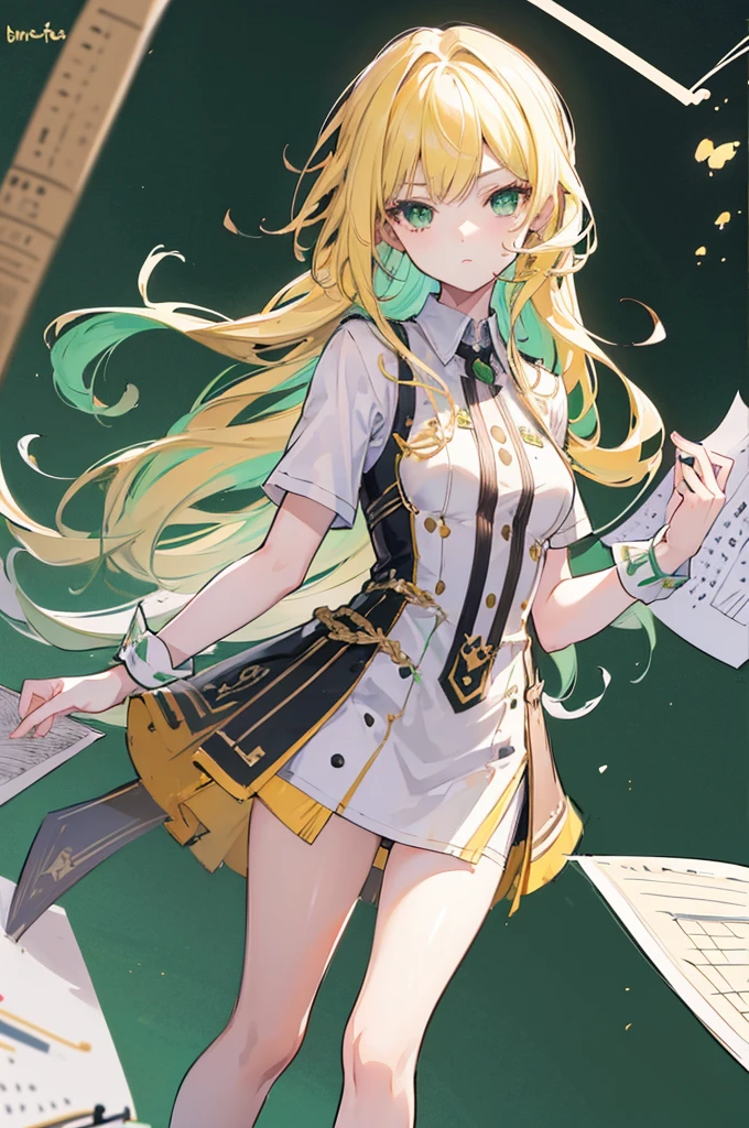 1 girl, blond hair, green eyes, multicolored hair, high res, masterpiece, supershar, high quality, masterpiece, HD, multiple views, pencil sketch, (sketch:1.25), best quality, Line draft, highres, (ultra-detailed:1.1), (illustration:1.1), (solo), perfectly drawn hands, standing, cohesive background, paper, action, (character design:1.1)