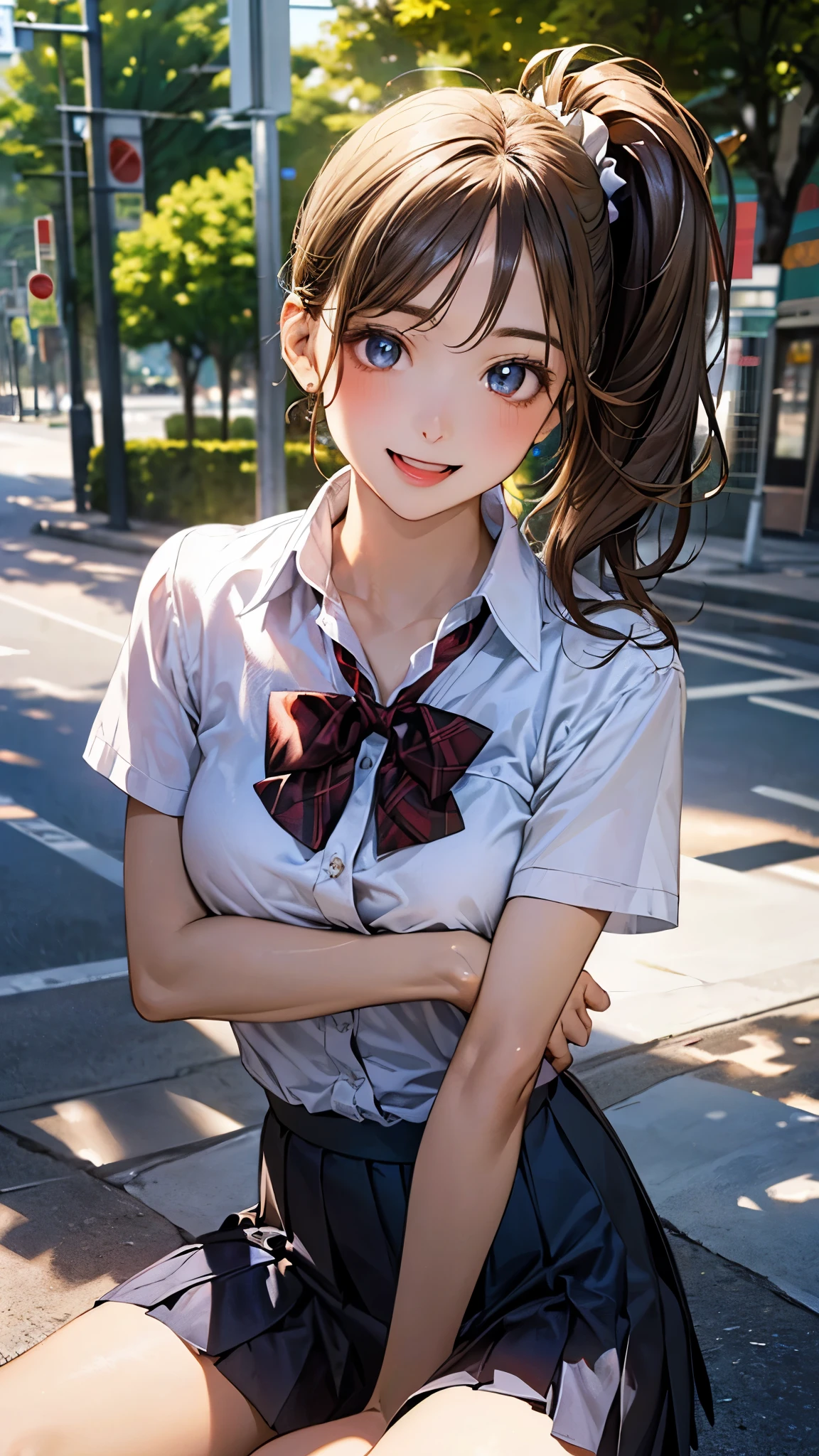 (masterpiece:1.2, top-quality), (realistic, photorealistic:1.4), beautiful illustration, (natural side lighting, movie lighting), depth of fields, 
looking at viewer, upper body, face close-up, front view, 1 girl, 10 years old, (perfect anatomy, anatomically correct, super detailed skin), cute and symmetrical face, perfect face, perfect eyes, 
(middle hair, side ponytail:1.5, light brown hair), swept bangs, blue eyes, big eyes, long eye lasher, (medium breasts, thigh), perfect body, shiny skin, 
beautiful detailed hair, beautiful detailed face, beautiful detailed eyes, beautiful clavicle, beautiful body, beautiful chest, beautiful thigh, beautiful legs, beautiful fingers, 
(detailed cloth texture, break short sleeve white collared shirt, break navy pleated skirt, break dark red bow tie), break 
(beautiful scenery), (tree-lined street:1.2), squatting, (crossed arms), (lovely smile, open mouth),