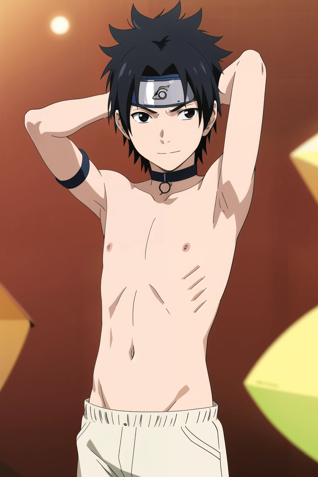 Highres, Masterpiece, Best quality at best,Best Quality,hight quality, hight detailed, Anime style, 1boy, Boy, Shota, Solo person, Uchiha sasuke, black hair, black eyes, forehead protector, young boy, Upper body, Shirtless, bare shoulder, choker, day, Slim body, smile, earring, Body, Simple beckground, Seen from the front, age 12, (Showing armpit:1.3), (very young boy), (Very small and short body), uhd, Bokeh