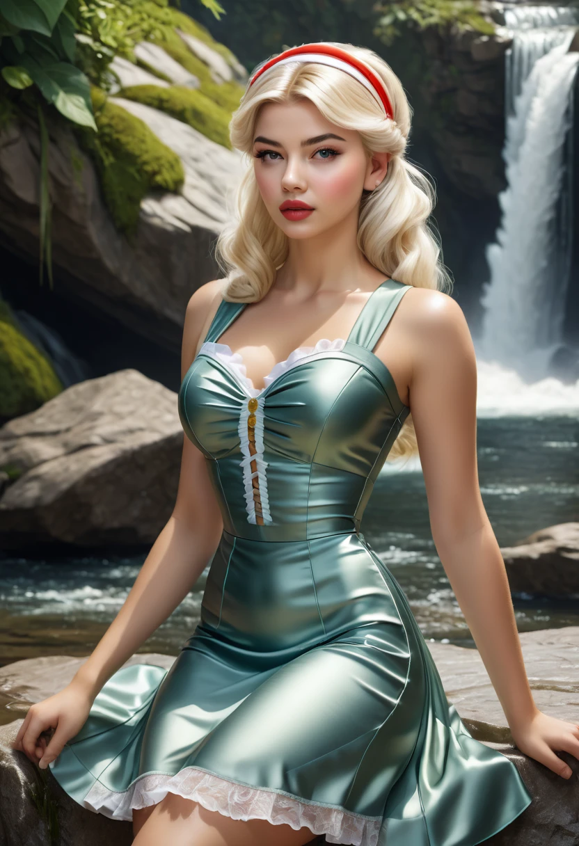 Thirst trap beautiful women that looks like Masiela Lusha. green sun dress, clean girl aesthetic. Her hair iblonde super strait and sleek, White hairband. official art is an award-winning digital masterpiece in 4K Ultra HD, featuring extreme detail and intricate realism. It combines the artistry of Wlop and Artgerm in a stunning 2D vector illustration. The background is a tranquil waterfall. bright colorful.
