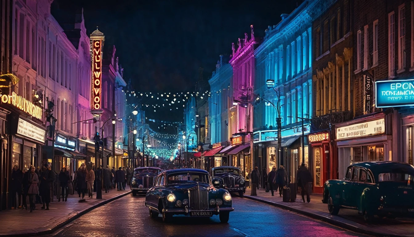 (((London))); shallow depth of field, highly detailed, high budget Hollywood film, bokeh, cinemascope, epic, gorgeous, film grain; "(Best Quality,High resolution); (bright and intense colors:1.1),(realist:1.1) graphic art style,Frightening