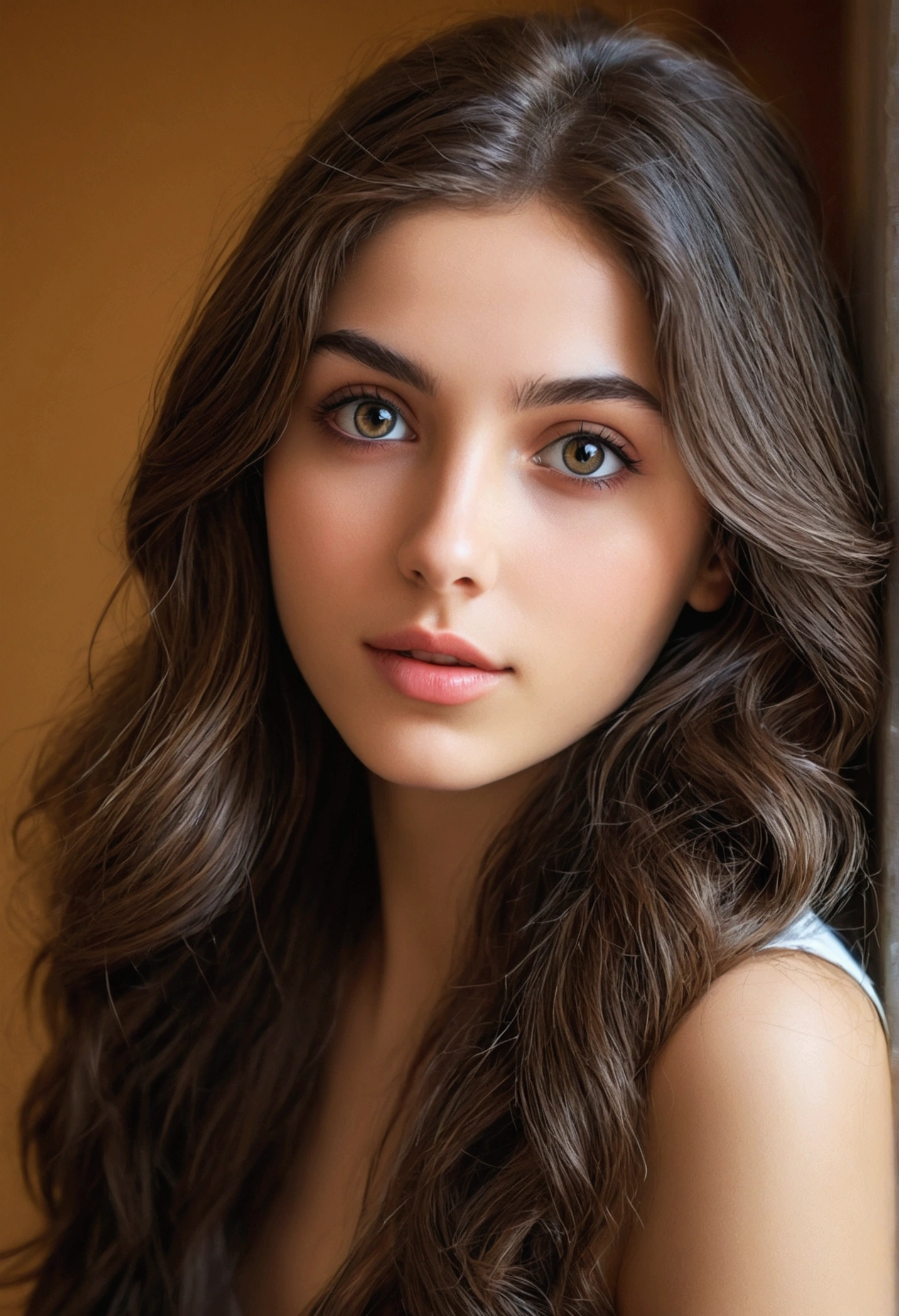 Highest quality, masterpiece, (Realistic: 1.2), 20 year old italian woman, Healthy Body, Modern Style, Inside the room, Detailed face, Detailed eyes, Sitting, Thin lips, long hair , Happy expression, Detailed skin, (View your viewers, dramatic, Vibrant, Sharp focus, 50mm, 1 1 1.2, EOS-1D X Mark II Elfie)