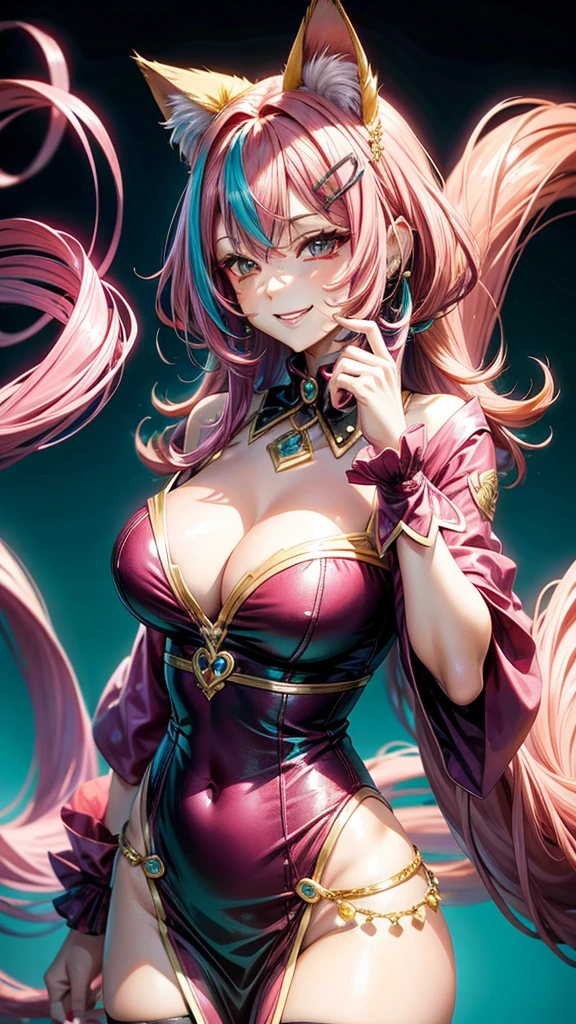 Magenta pink hair, brown eyes, older woman, hair ornaments, cat ears, long hair, smiling face, teal and gold outfit, pretty background, sexy, fashion