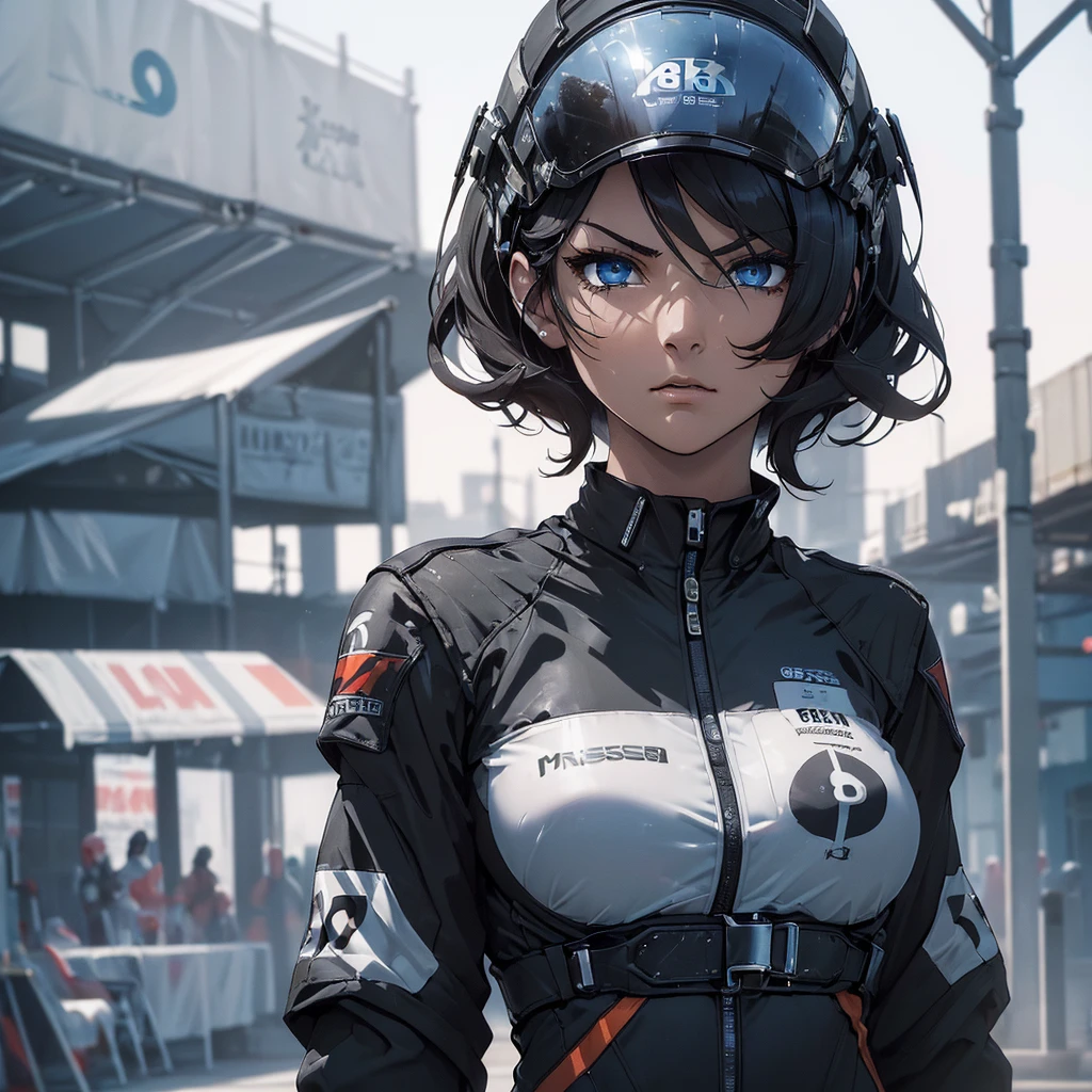 (((masterpiece))),(((High resolution)))、(((8K)))、(((beautiful woman racer))), ((racing suit)), ((top quality eyes)), ((detailed face)), ((detailed texture)), short black hair, blue eyes, angry face, space station, look at the camera, cyberhelmet