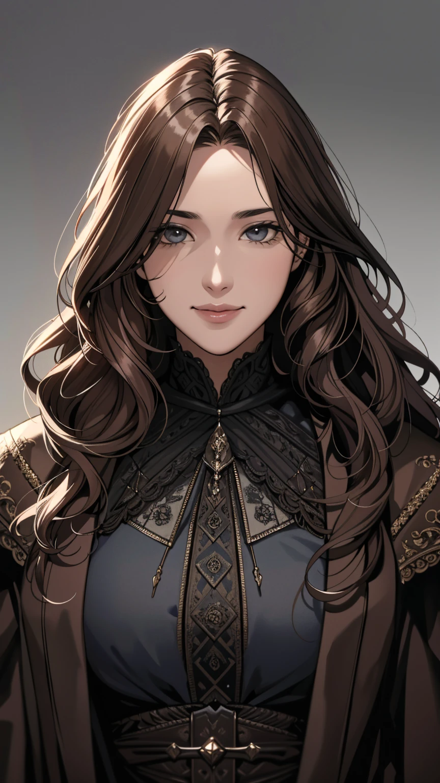 masterpiece quality, high quality, intricate details, beautiful, great quality, dynamic lighting, cinematic lighting, Natural light, Cinematic details, bloodborne, strict, dark, fantasy, horror, Hunter in Georgian clothing from England, portrait, Face-to-face audience, beast hunter, friendly expression, eyes with highlights, Dirty gray and brown leather outfit, Moonlight night, Vibrant skin, beautiful, woman, long wavy hair, 25 years old、 beautiful smile,