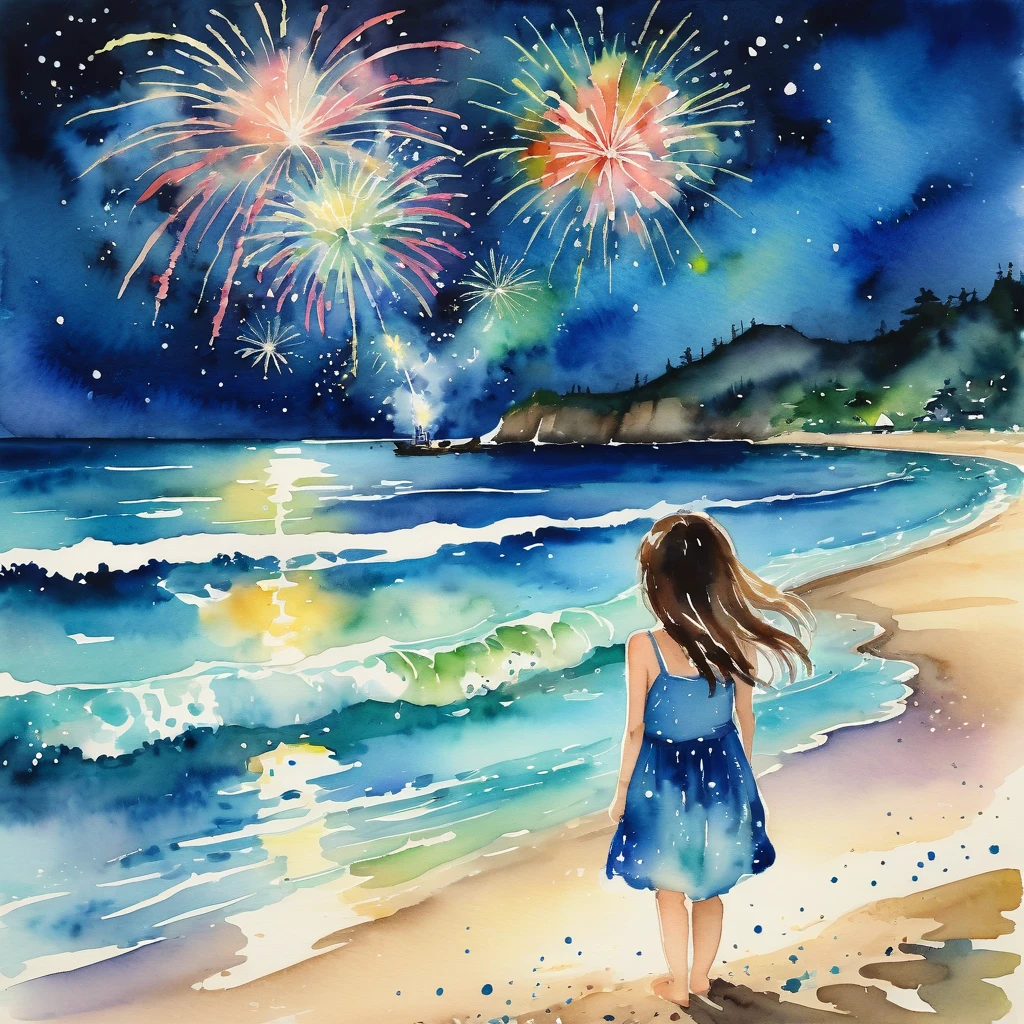 work of art,magnificent landscape painting,美しい花火のwater colour,summer in Japan,night sky,sandy beach,A girl is happy watching fireworks,(water colour splashes、Slime、Blur、Blur、Effective use of the fading technique),(Beauthfull),(Ephemerality),(water colour)