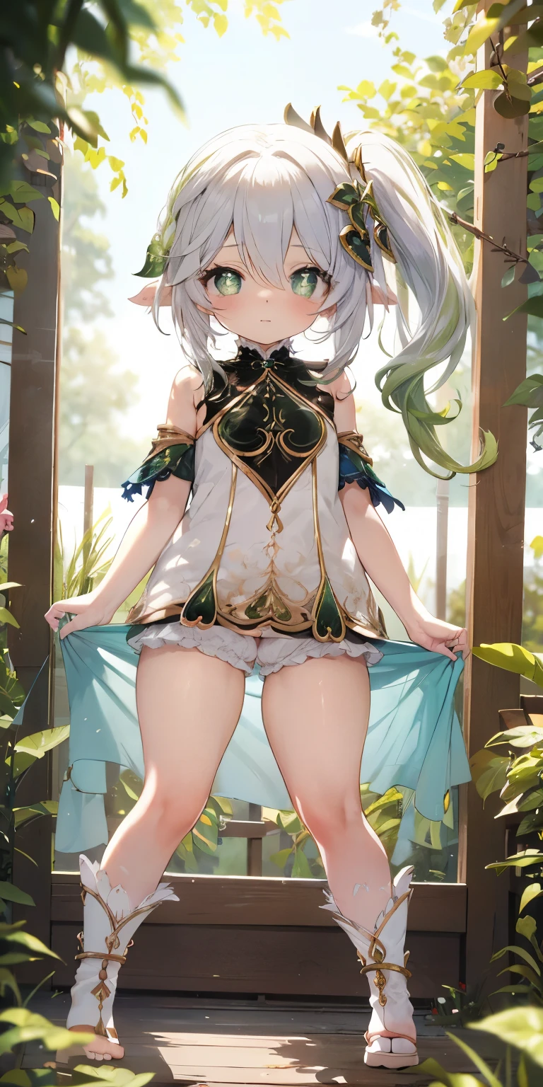 Thick thighs,Nahida,, , ,, flat chest, fullbody, head to toe capture on the frame, toes, thick thighs, bloomers, bend over, showing her bum( butt), outdoor, cute girl, cute