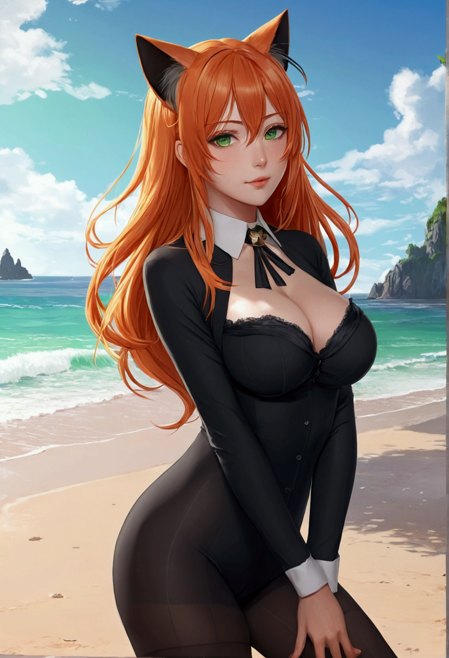 anime girl with long orange hair standing on beach near ocean, green eyes detailed digital anime art, cat ears, , anime girl with long hair, smooth anime cg art, anime girl with long hair, average breast size, digital anime art, artwork in the style of guweiz, beautiful anime portrait, photorealistic anime girl render, beautiful anime girl, perfect woman, advanced digital anime art, pantyhose, guweiz on artstation pixiv upscale HD UHD HQ big ass big tits