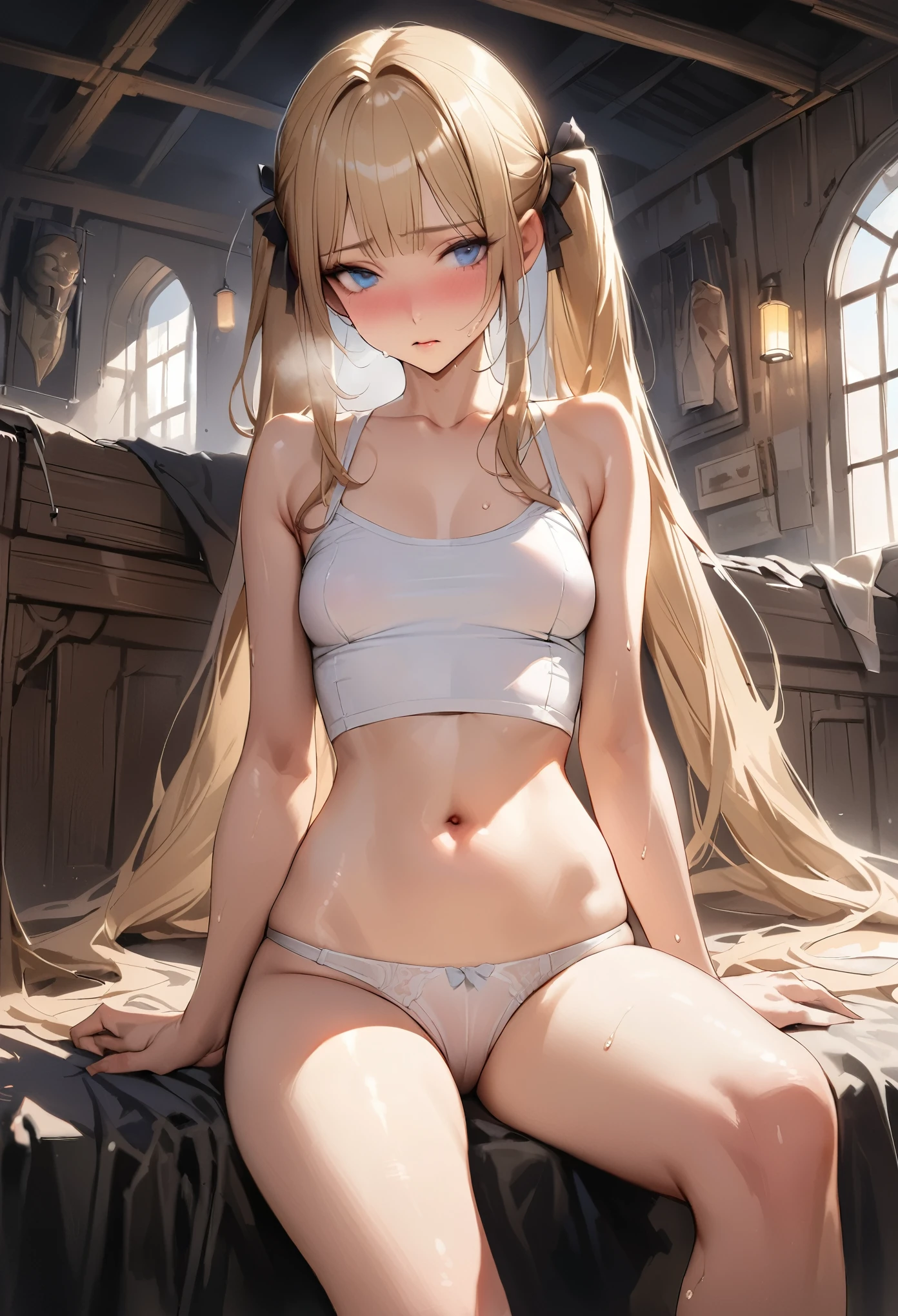 ((masterpiece,Highest quality:1.3,best quality illustration)),realistic,cowboy shot,Mature Beauty,独奏,1woman,((very small head:1.4)),((ideal ratio body proportions:1.3)),blonde hair,high twin tails,straight long hair,bangs,gorgeous eyes,Blue eyes,shy,Heavy breathing,(White tube top shirt、navel、White panties),((slender body,skinny)),small breasts,gleaming skin,shiny skin,sweat,sitting,Black leather shoes、Spartan bed、Spartan room、Medieval Europe,