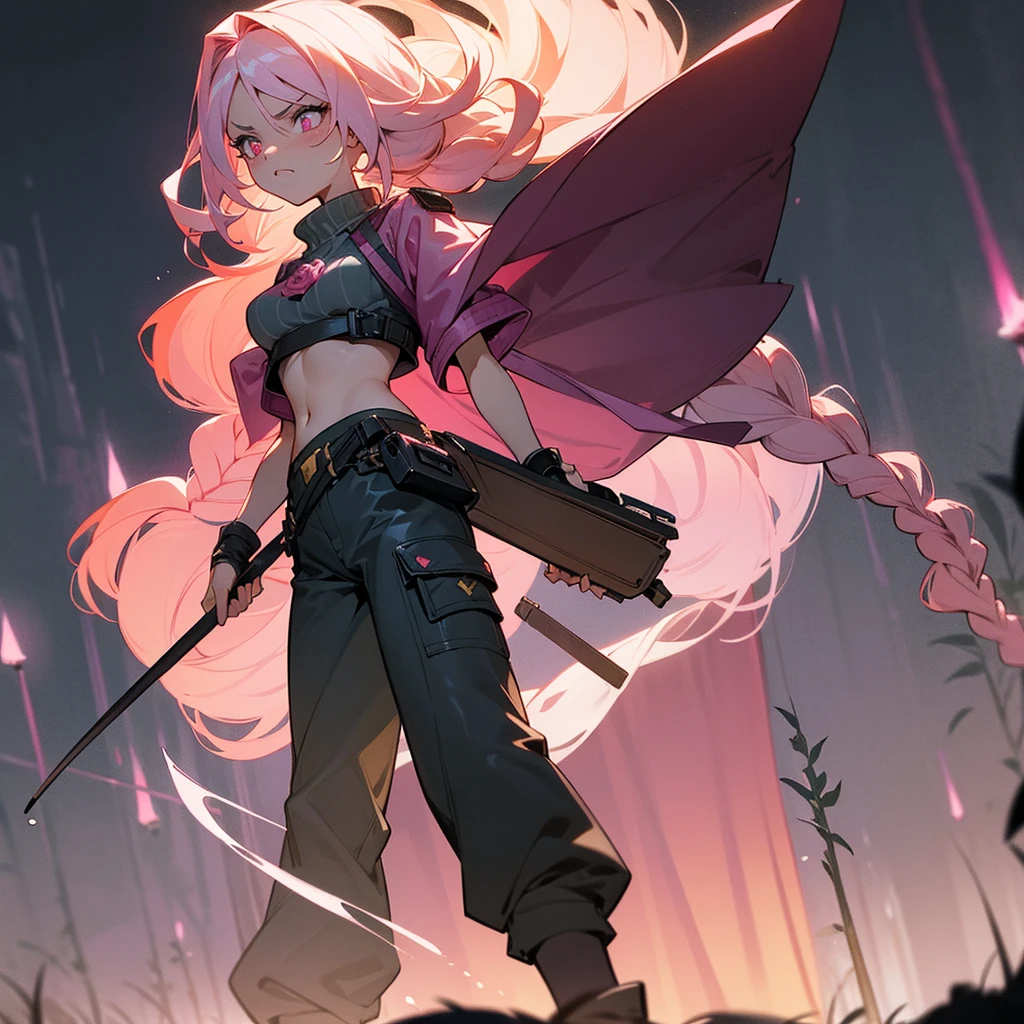 1female, sexy, young teen, finely detailed rose eyes, wild long hair, braided hair, fluorescent rose color hair, adventurer gear, crop top sweater, baggy combat pants, night time, dark forest, somber expression, angry, flowers, standing on path, lanturns, black armband