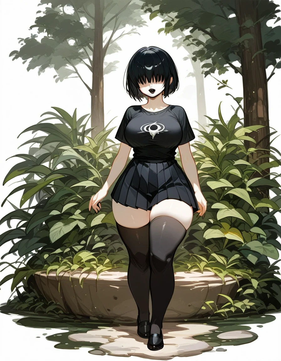 1girl,goth, fair skin, hair bangs covering her eyes, no eyes showing, black lipstick, short bob hairstyle, large breasts,c, slim waist, massive thighs, thick thighs, wide hips, wearing a small tight black t shirt, black pleated microskirt, black thigh highs, small black slip on flats, flats shoes, standing up, white background , up close, entire body showing