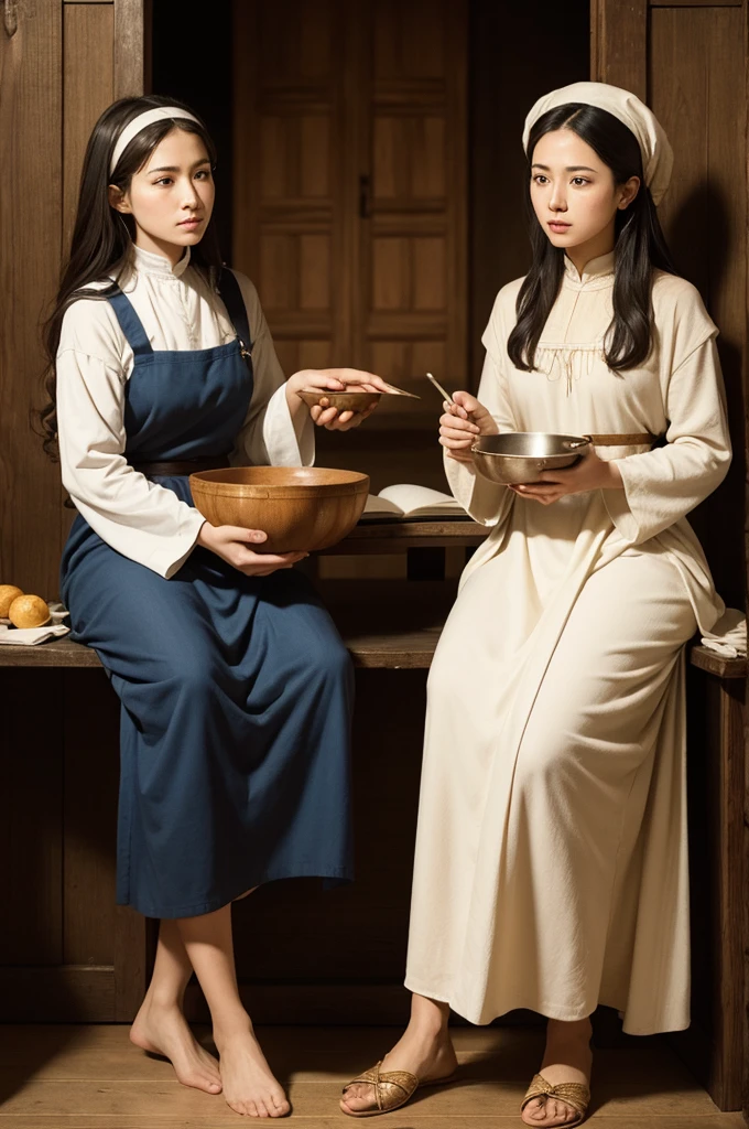 Two women from the bible, with bowl of broth in hand