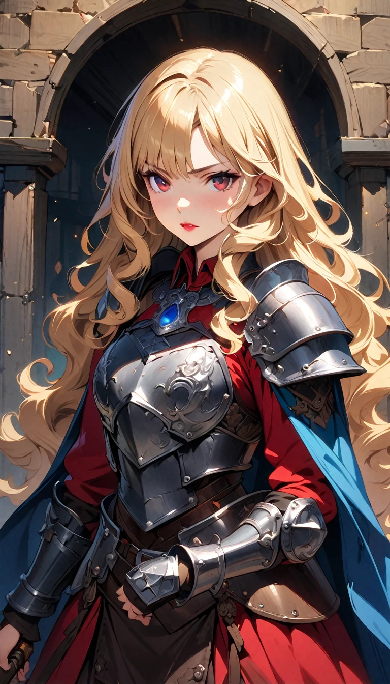 (best quality), (very aesthetic), (ultra-detailed), (best illustration), 1 woman, Solo, fine texture, light blonde hair, long hair, curly hair, dark red eyes, lipstick, Western Armor, Iron Armor, Blue gemstone decoration, Blue cape, ready a sword