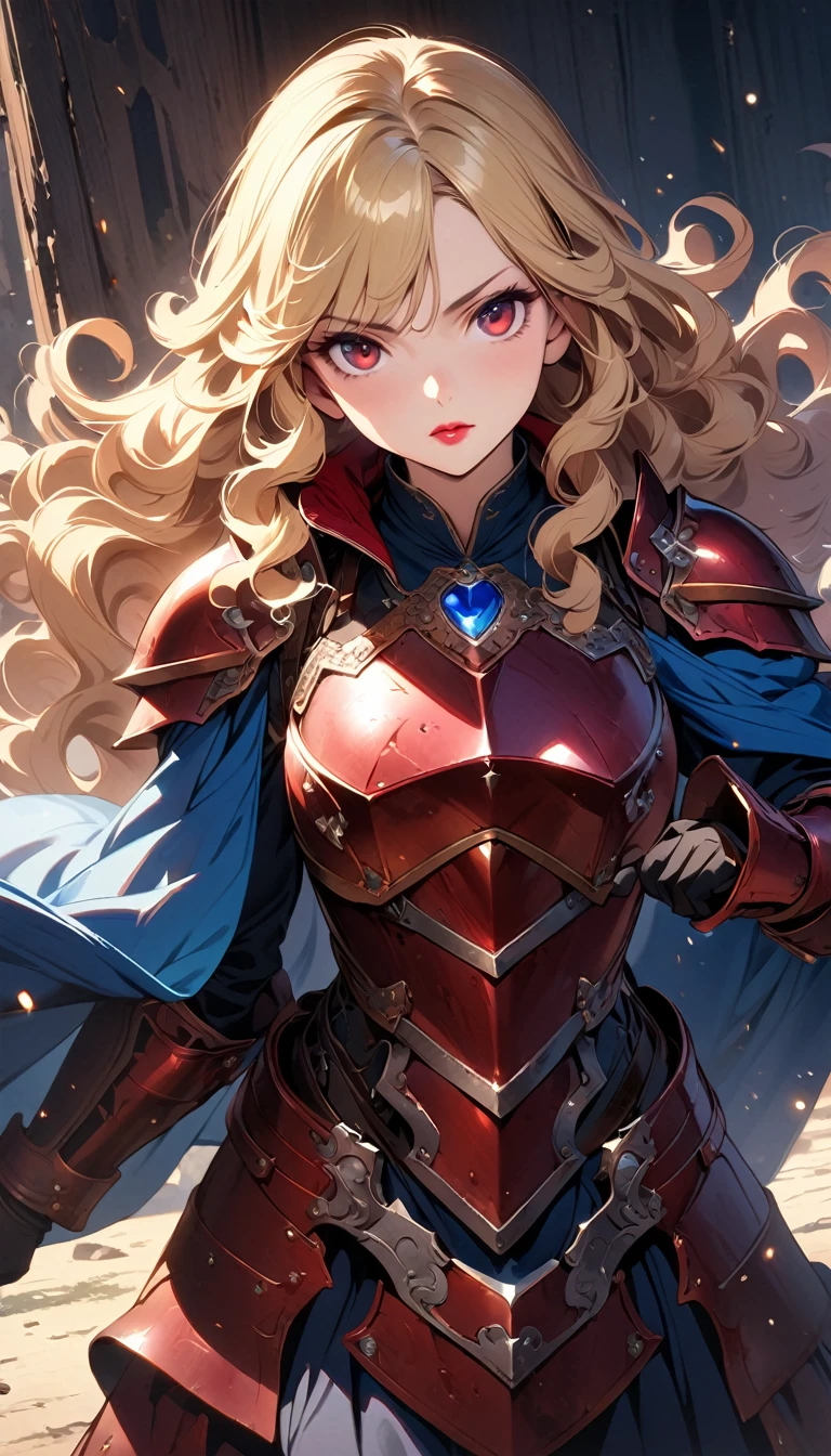 (best quality), (very aesthetic), (ultra-detailed), (best illustration), 1 woman, Solo, fine texture, light blonde hair, long hair, curly hair, dark red eyes, lipstick, Western Armor, Iron Armor, Blue gemstone decoration, Blue cape, ready a sword