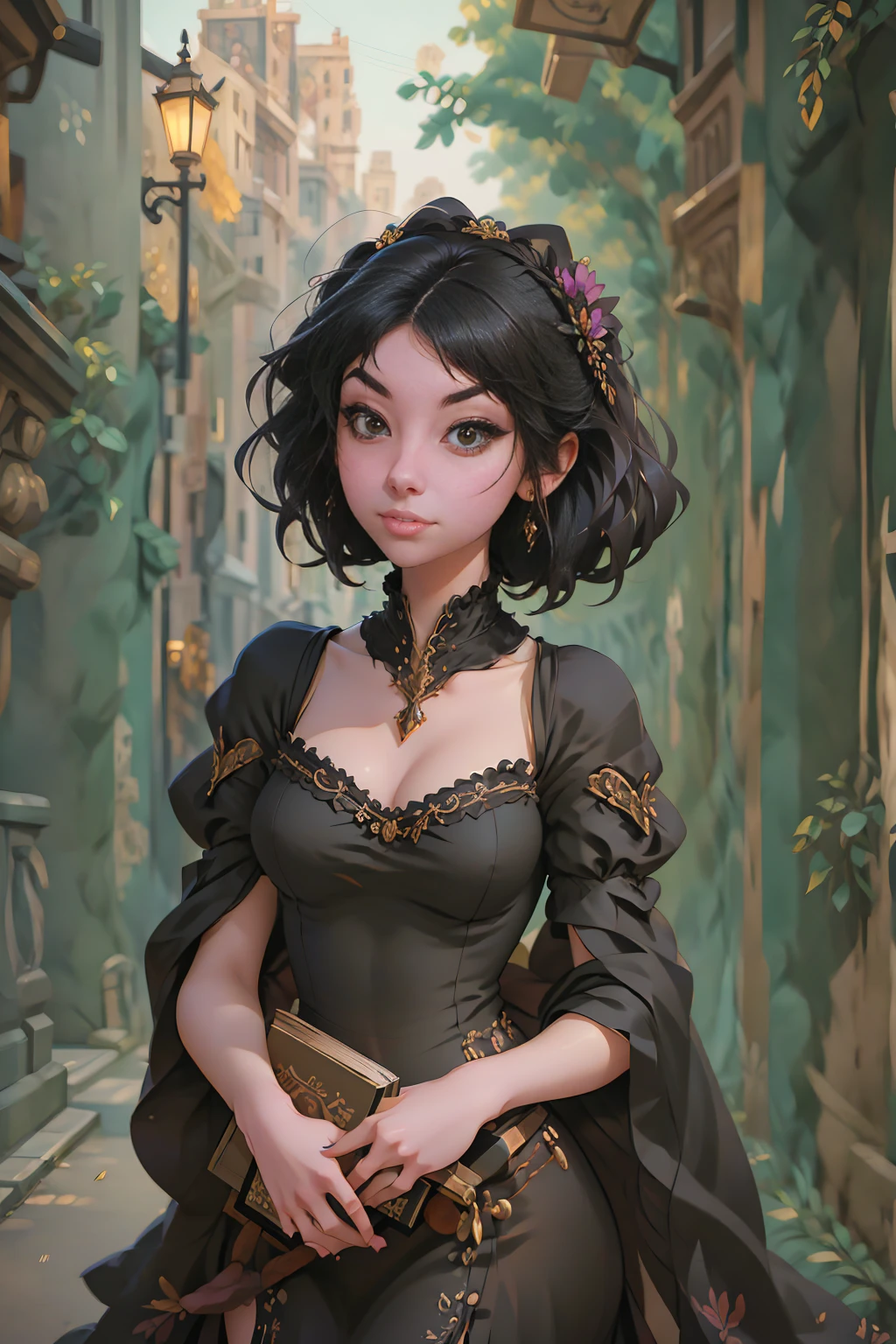 a painting of a woman in a black dress holding a book, a character portrait by Russell Dongjun Lu, Artstation, gothic art, artwork in the style of guweiz, guweiz on artstation pixiv, guweiz on pixiv artstation, 🌺 cgsociety, guweiz masterpiece, gothic princess portrait, cgsociety 4k”