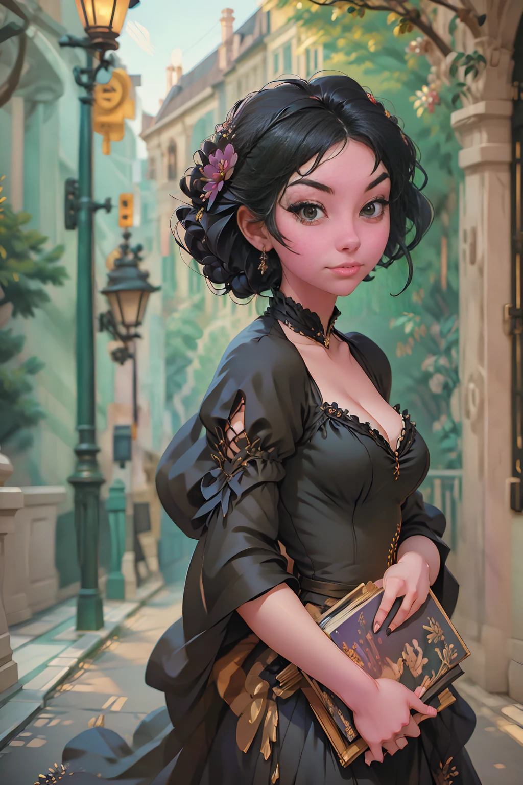 a painting of a woman in a black dress holding a book, a character portrait by Russell Dongjun Lu, Artstation, gothic art, artwork in the style of guweiz, guweiz on artstation pixiv, guweiz on pixiv artstation, 🌺 cgsociety, guweiz masterpiece, gothic princess portrait, cgsociety 4k”