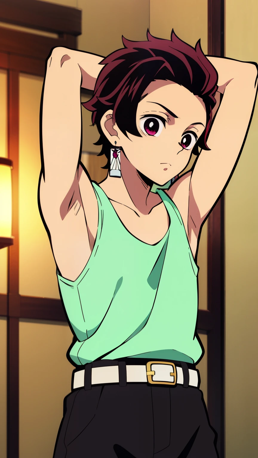 Highres, Masterpiece, Best quality at best,Best Quality,hight quality, hight detailed, Anime style, 1boy, Boy, Shota, Solo person, Tanjiro_kamado, Demon slayer, Earring, Tank top, Belt, Summer, Slim body, Upper body, Blurry beckground, Seen from the front, (Showing armpit:1.3), ( boy), (very small and short body), Uhd