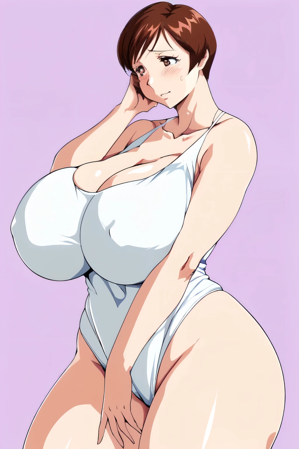 masterpiece, highest quality, High resolution, 1girl, solo, sexual intercourse, Pornographic images, short hair, etsukoto, brown Eyes, fine grain, fine grain, (((Thick thighs, Plump thighs, Voluptuous thighs, Thighs alone are enough))), ((Huge and ample breasts, Cleavage, big long breasts)), Naughty big,((big breasts are important))、((Naughty thighs)), L Cup, (thin:1.4),(Tight waist:1.4), (white swimsuit:1.4), (((Simple Background))), ((Wide Hips)), Shiny, Oily skin, Mature mother, Calf, Seductive mature woman, milf, Perfect body, Plus Size Model, curvy, ample, etsukoto, blush, clavicle, retro artstyle, 1990s (style), (thick thighs:1.4), (from side:0.8), (((face palm))),
