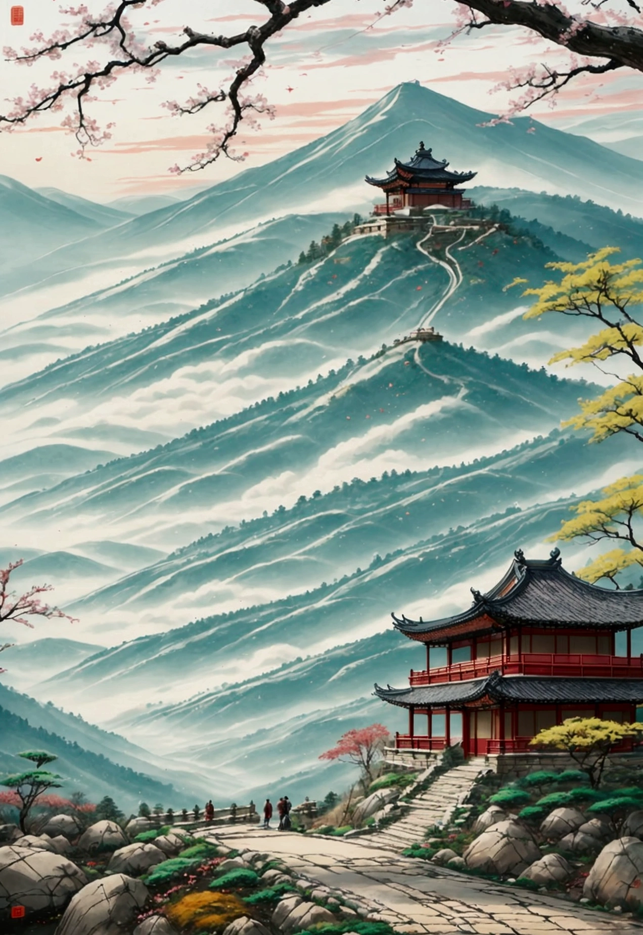 The stone path on Hanshan Mountain is sloping in the distance.Baiyun was born in a family.Park the car and sit in Love Maple Forest at night.Frost leaves are as red as February flowers.