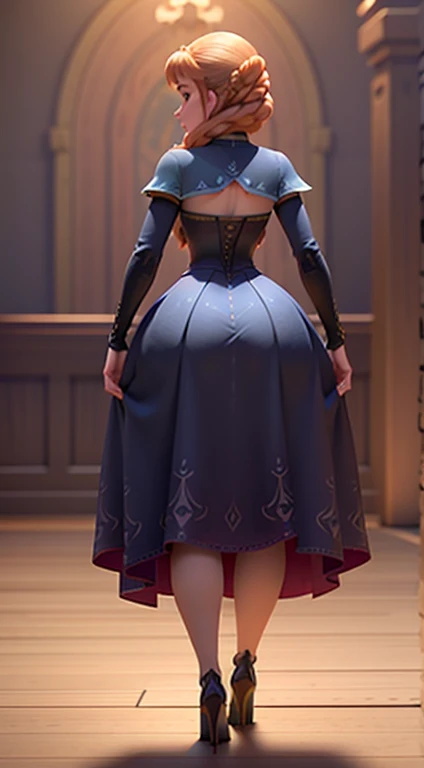 Photo of Anna of Arendelle from behind.., Angle from behind, full body, Wide micro dress, standing pose and very sensual and sexy, very large buttocks and legs separated that you can see her vagina, side view