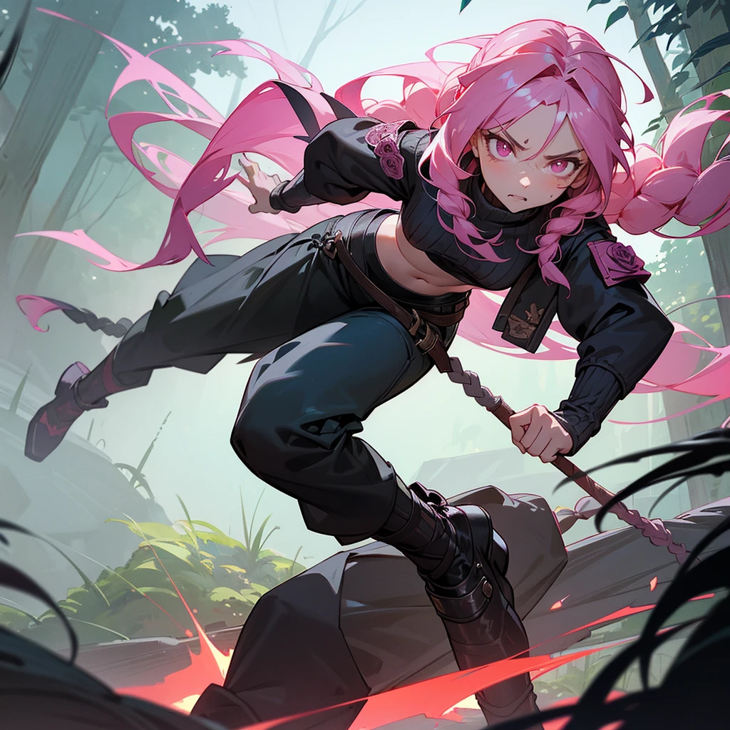 1female, sexy, , finely detailed rose eyes, wild long hair, braided hair, fluorescent rose color hair, adventurer gear, crop top sweater, baggy combat pants, night time, dark forest, somber expression, angry, flowers, standing on path, lanturns, black armband