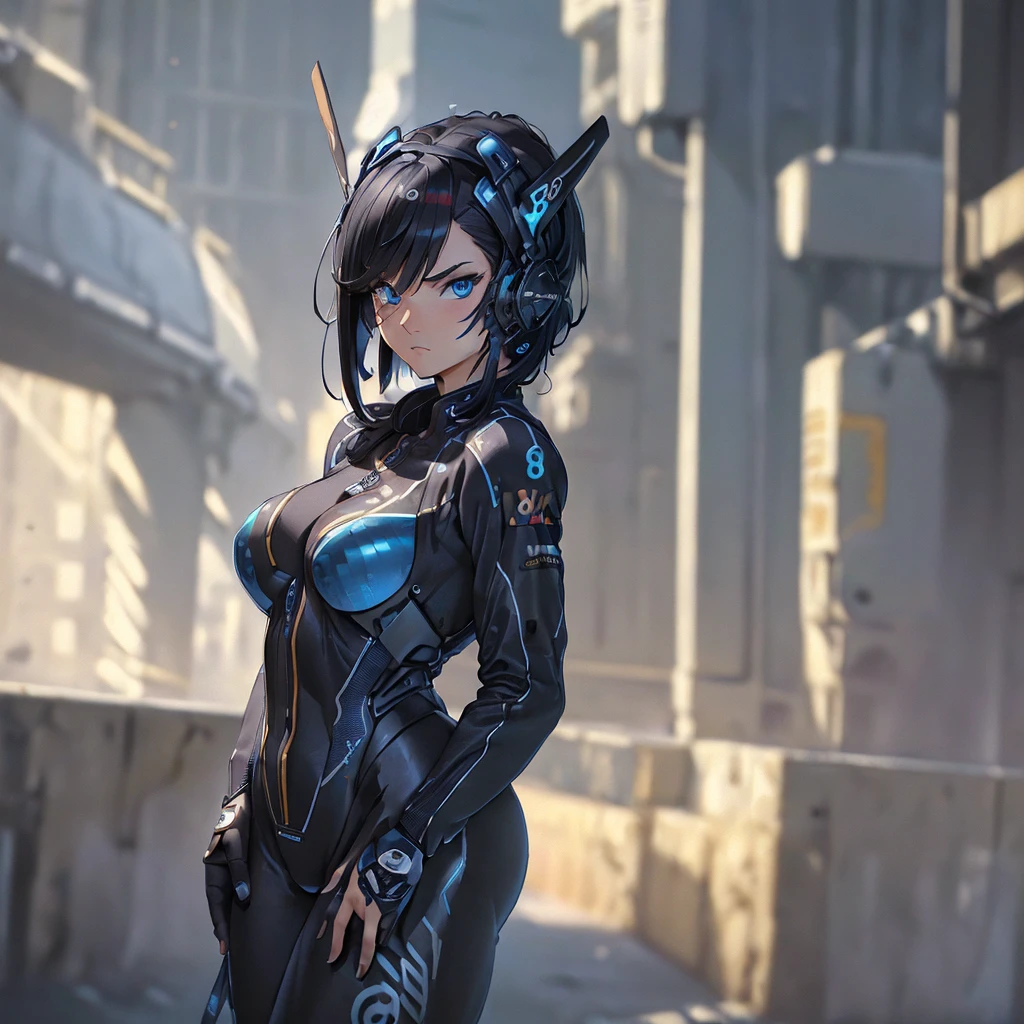 (((masterpiece))),(((High resolution)))、(((8K)))、(((beautiful woman racer))), ((racing suit)), ((top quality eyes)), ((detailed face)), ((detailed texture)), short black hair, blue eyes, angry face, space station, look at the camera, cyberhelmet