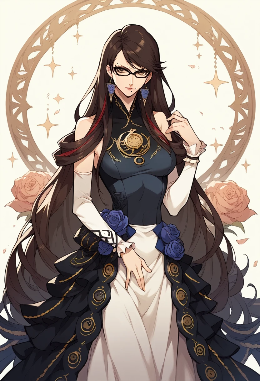 japanese woman, brown hair, brown eyes, long hair, beautiful, bayonetta glasses, dress, masterpiece, best quality