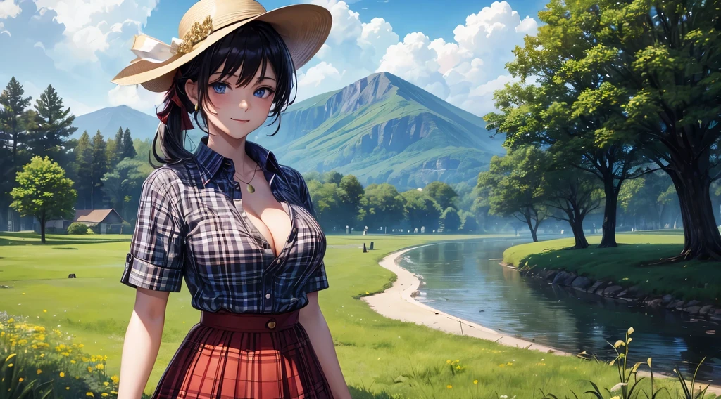 1girl, solo, rural landscape, village, trees, sun, clouds, fantasy, black hair, ponytail, large breasts, button down shirt, ((red checked shirt)), ((short sleeved shirt)), ((unbuttoned shirt)), popping buttons, unbuttoning buttons, cleavage 1:3, blue eyes, dark skirt, smile, looking at the viewer, standing, hair ribbon, golden necklate, elegant white hat