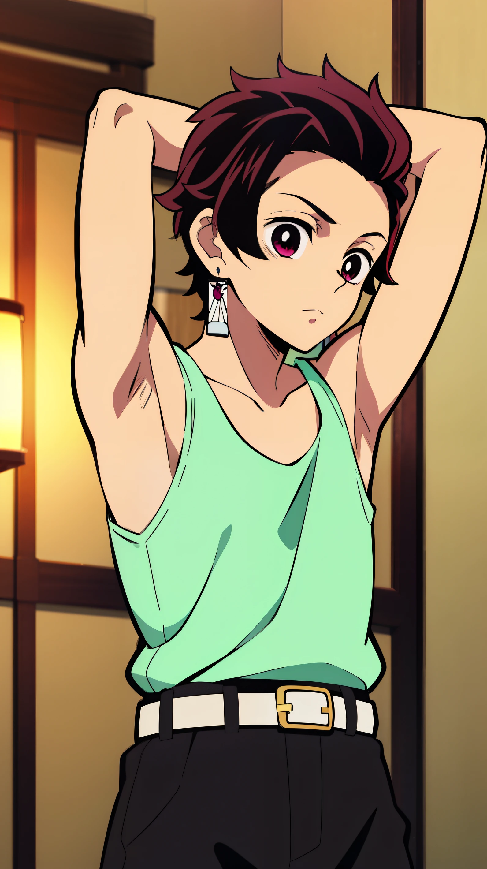 Highres, Masterpiece, Best quality at best,Best Quality,hight quality, hight detailed, Anime style, 1boy, Boy, Shota, Solo person, Tanjiro_kamado, Demon slayer, Earring, Tank top, Belt, Summer, Slim body, Upper body, Blurry beckground, Seen from the front, (Showing armpit:1.3), (very young boy), (very small and short body), Uhd