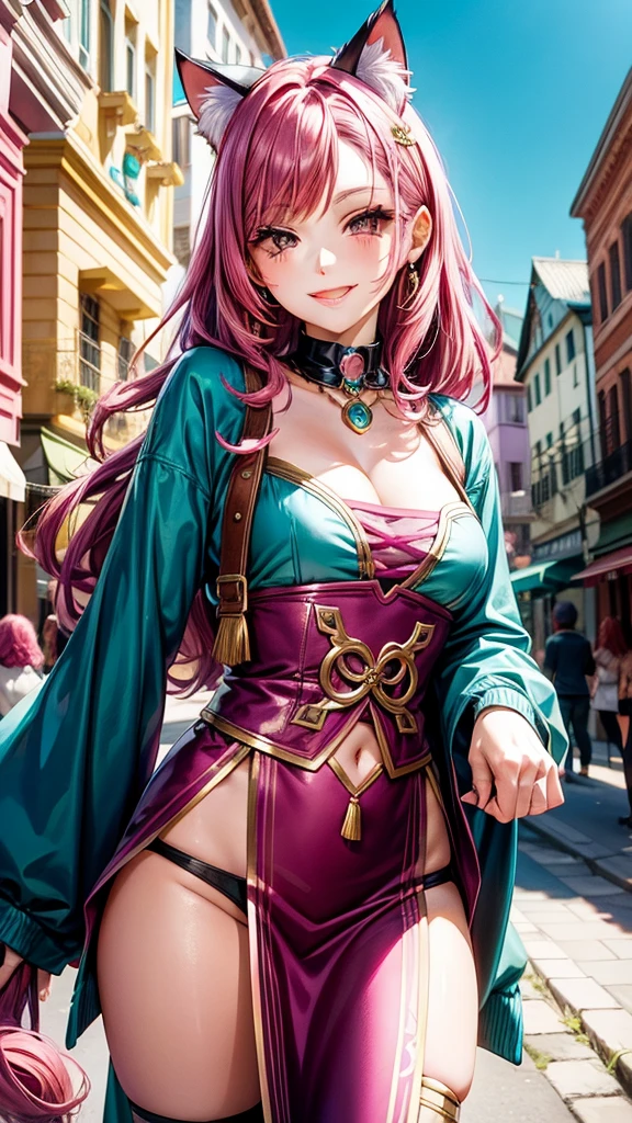 Magenta pink hair, brown eyes, older woman, hair ornaments, cat ears, long hair, smiling face, teal and gold outfit, pretty background, sexy, fashion