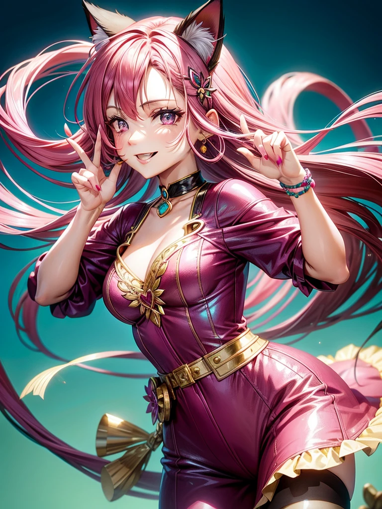Magenta pink hair, brown eyes, older woman, hair ornaments, cat ears, long hair, smiling face, teal and gold outfit, pretty background, sexy, fashion
