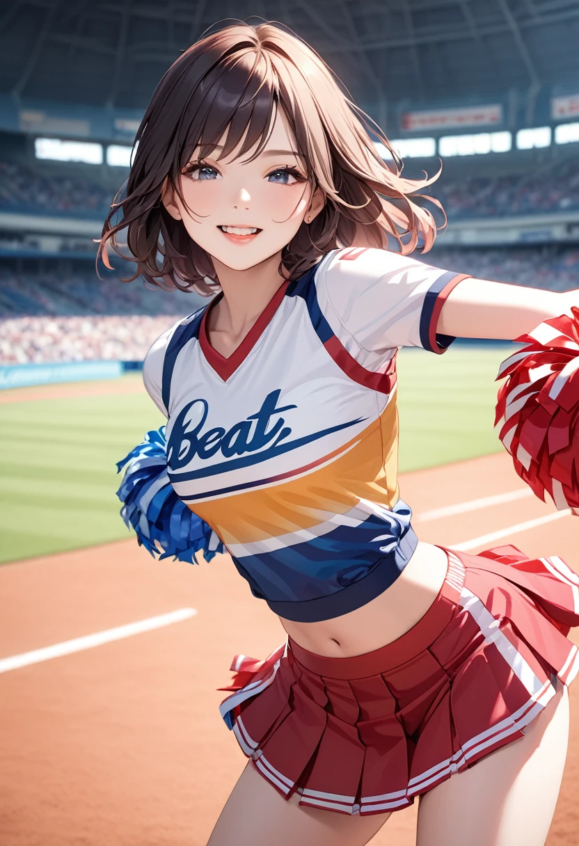 (masterpiece:1.5),(Beat quality),(high res),1girl solo,smile,Cheerleader,Stadium