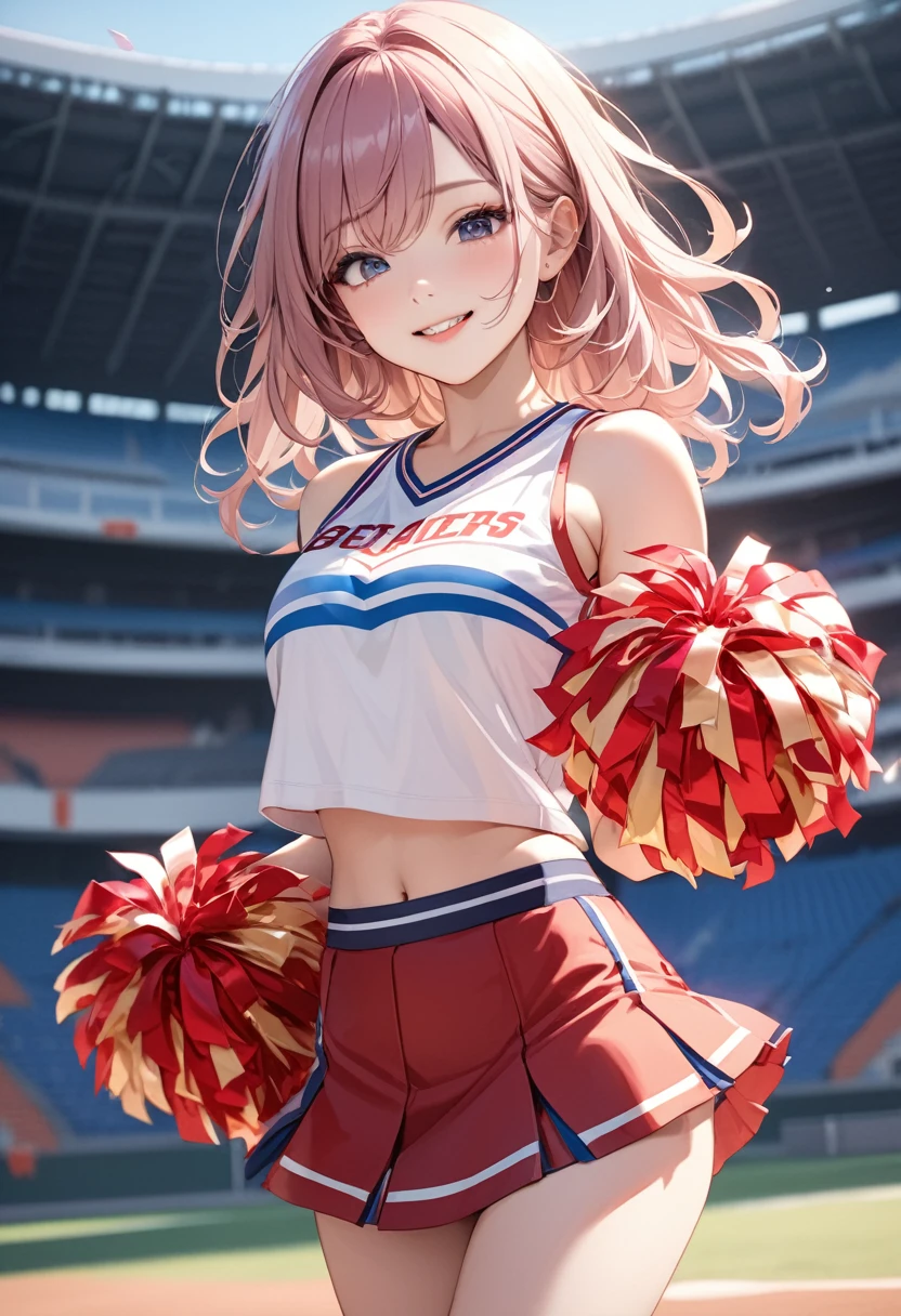 Realistic girl in a cheerleader outfit holding a pom poms, red hair, red eyes, cute, ambrashing