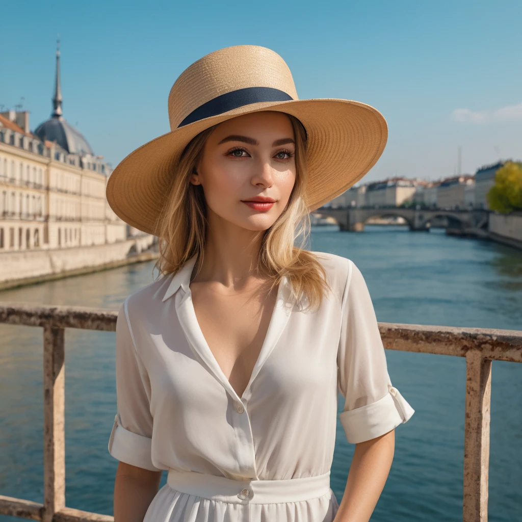 femme arafée dans un chapeau debout dans une pièce avec beaucoup de photos, portrait doux 8 k, Sergueï Zabeline, photographie couleur portrait 4k, par Fiodor Rokotov, Photographie de portrait artistique 8k, Alexeï Egorov, sur Irakli Nadar, Superbe portrait, Fille française, Portrait VFX très détaillé, beau portrait, cheveux blond. un arrière plan depuis un pont.