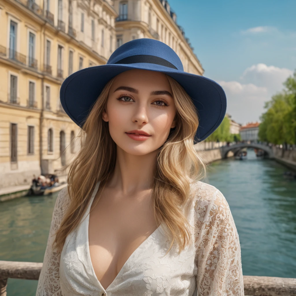
femme arafée dans un chapeau debout dans une pièce avec beaucoup de photos, portrait doux 8 k, Sergueï Zabeline, photographie couleur portrait 4k, par Fiodor Rokotov, Photographie de portrait artistique 8k, Alexeï Egorov, sur Irakli Nadar, Superbe portrait, Fille française, Portrait VFX très détaillé, beau portrait, cheveux blond. un arrière plan depuis un pont.