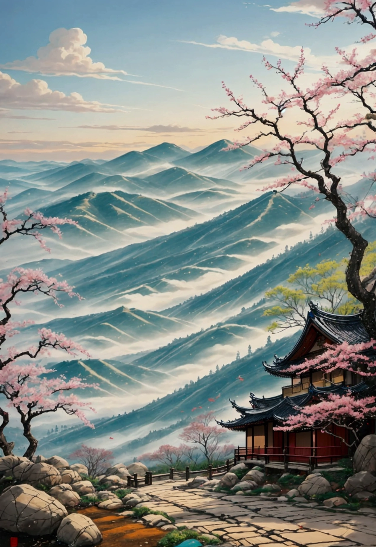 The stone path on Hanshan Mountain is sloping in the distance.Baiyun was born in a family.Park the car and sit in Love Maple Forest at night.Frost leaves are as red as February flowers.