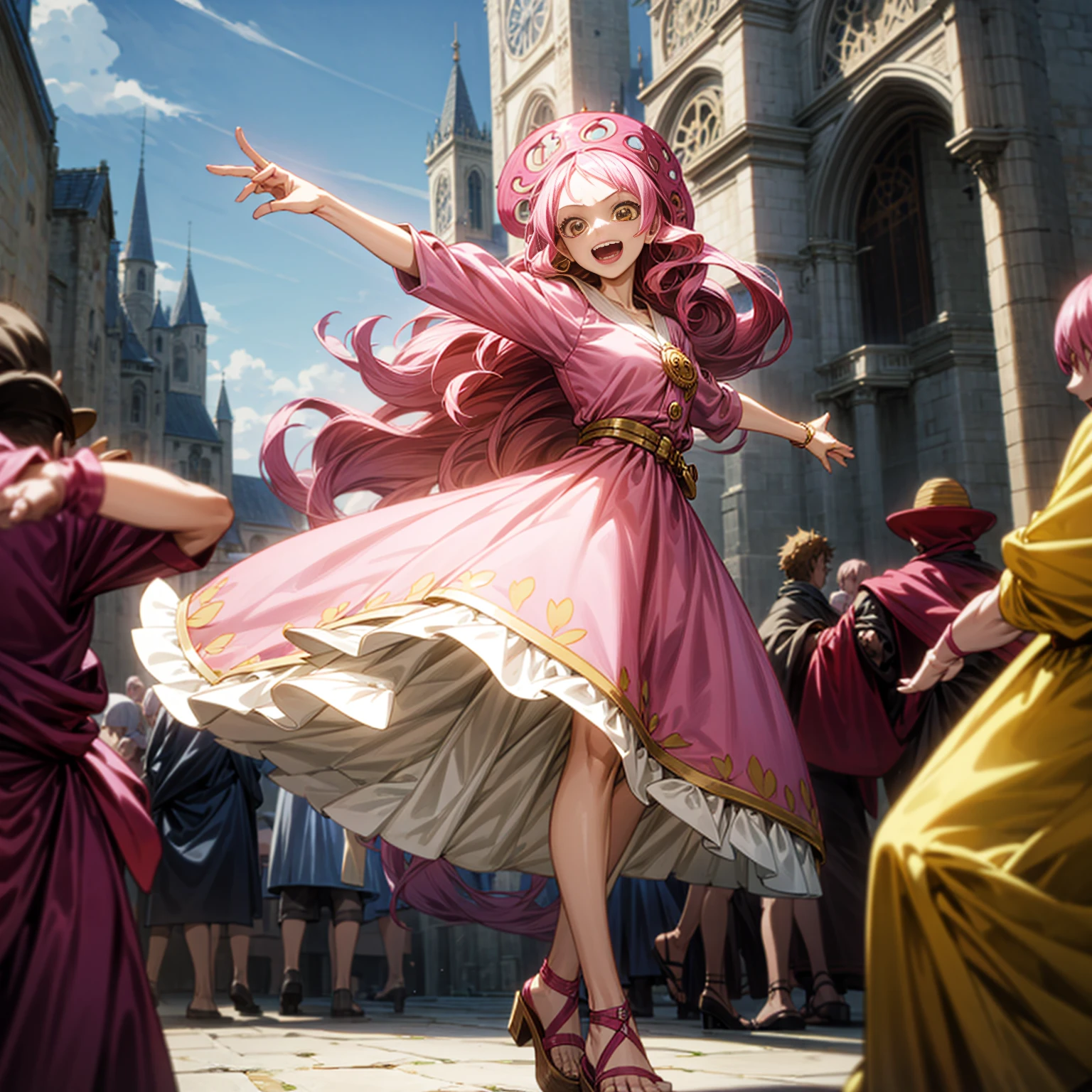Solo character, full body version, young girl, long curly hair, pink colored hair, yellow eyes, open mouth, happy eyes, medieval outfit famele, sandals, town, carnival, skyblue, dancing gesture, (one piece style art), people, motion blur