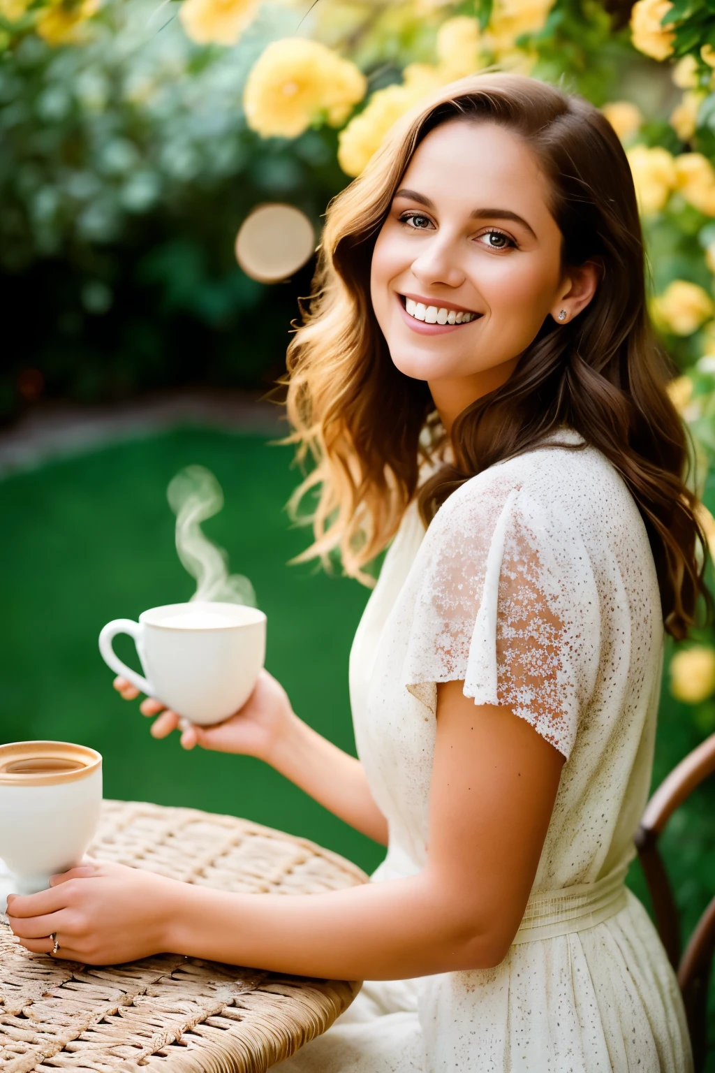 In the soft, serene embrace of a lush morning garden, where blooming flowers dance in the dappled sunlight, a stunning woman finds solace. Alone, she sits at a humble table, sipping from a steaming cup of coffee. Her smile, radiant and genuine, speaks volumes of her contentment and peace. Her long, cascading brown hair frames her face, shimmering under the gentle light. The photograph, captured with an analog camera, breathes a nostalgic charm.

This scene is a part of a professional fashion photoshoot, meticulously crafted to perfection. The woman's attire, comfortable and casual, is a testament to the morning'