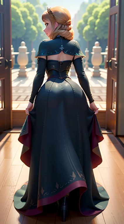 Photo of Anna of Arendelle from behind.., Angle from behind, full body, very short wide dress, standing pose and very sensual and sexy, very large buttocks and legs separated that you can see her vagina,