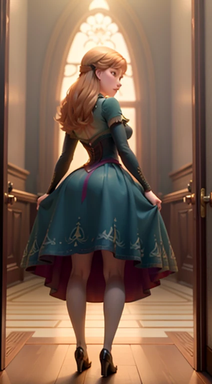 Photo of Anna of Arendelle from behind.., Angle from behind, full body, very short wide dress, standing pose and very sensual and sexy, very large buttocks and legs separated that you can see her vagina,