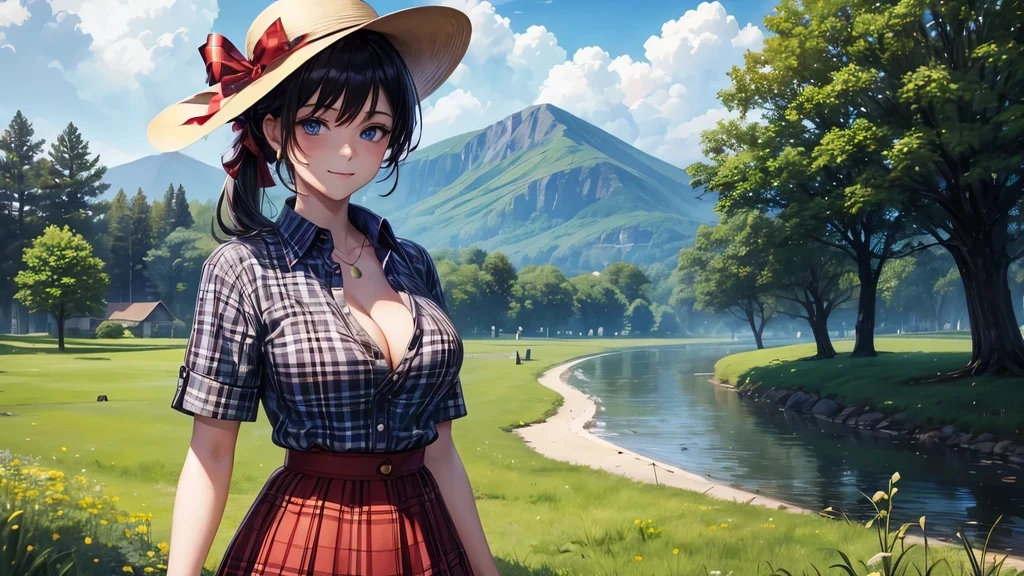 1girl, solo, rural landscape, village, trees, sun, clouds, fantasy, black hair, ponytail, large breasts, button down shirt, ((red checked shirt)), ((short sleeved shirt)), ((unbuttoned shirt)), popping buttons, unbuttoning buttons, cleavage 1:3, blue eyes, dark skirt, smile, looking at the viewer, standing, hair ribbon, golden necklate, elegant white hat