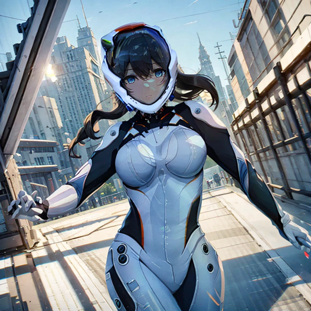 (((masterpiece))),(((High resolution)))、(((8K)))、(((beautiful woman racer))), ((racing suit)), ((top quality eyes)), ((detailed face)), ((detailed texture)), short black hair, blue eyes, angry face, space station, look at the camera