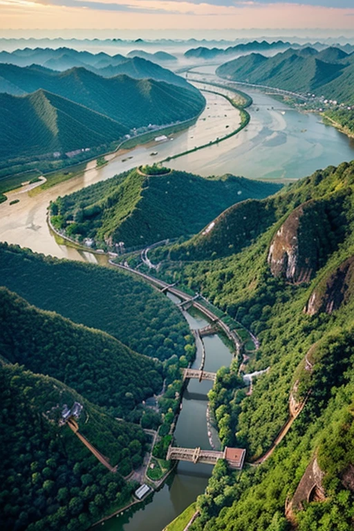 generate picture of Golden Triangle with bird eye view and in picture can see three land : Thai, Myanmar, Laos