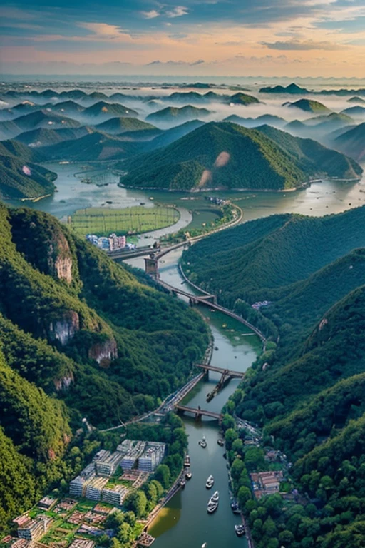 generate picture of Golden Triangle with bird eye view and in picture can see three land : Thai, Myanmar, Laos