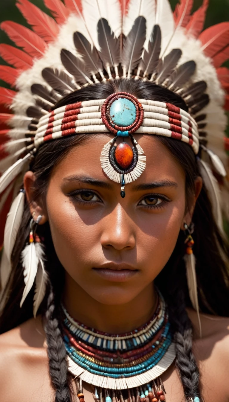 realistic photo of girl (native american) has long hair, dark skin, feathers, hair ornament, jewelry, necklace, tribal, headdress, armlet, facepaint, bracelet, imersive background, , realistic photo, full shot, nipples, otion blur, ray tracing, wide shot, low angle, raw photo, hdr, film grain, 8k, super detail, ccurate, best quality