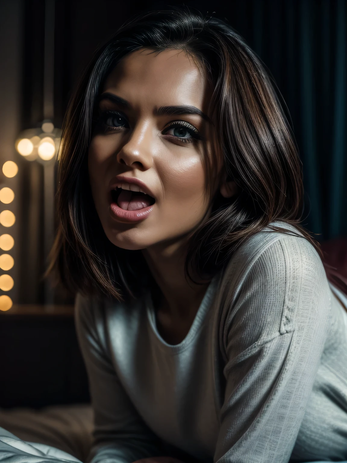 woman with her mouth open and tongue out, light clothes, lying on a bed, 30s, round face, cinematic, detailed, (best quality, 4k, 8k, high resolution, masterpiece: 1.2), ultra-detailed, (realistic , photorealistic, photorealistic: 1.37), HDR, UHD, studio lighting, ultra-thin paint, sharp focus, physically based rendering, extreme detail depiction, professional, vivid colors, bokeh, portrait