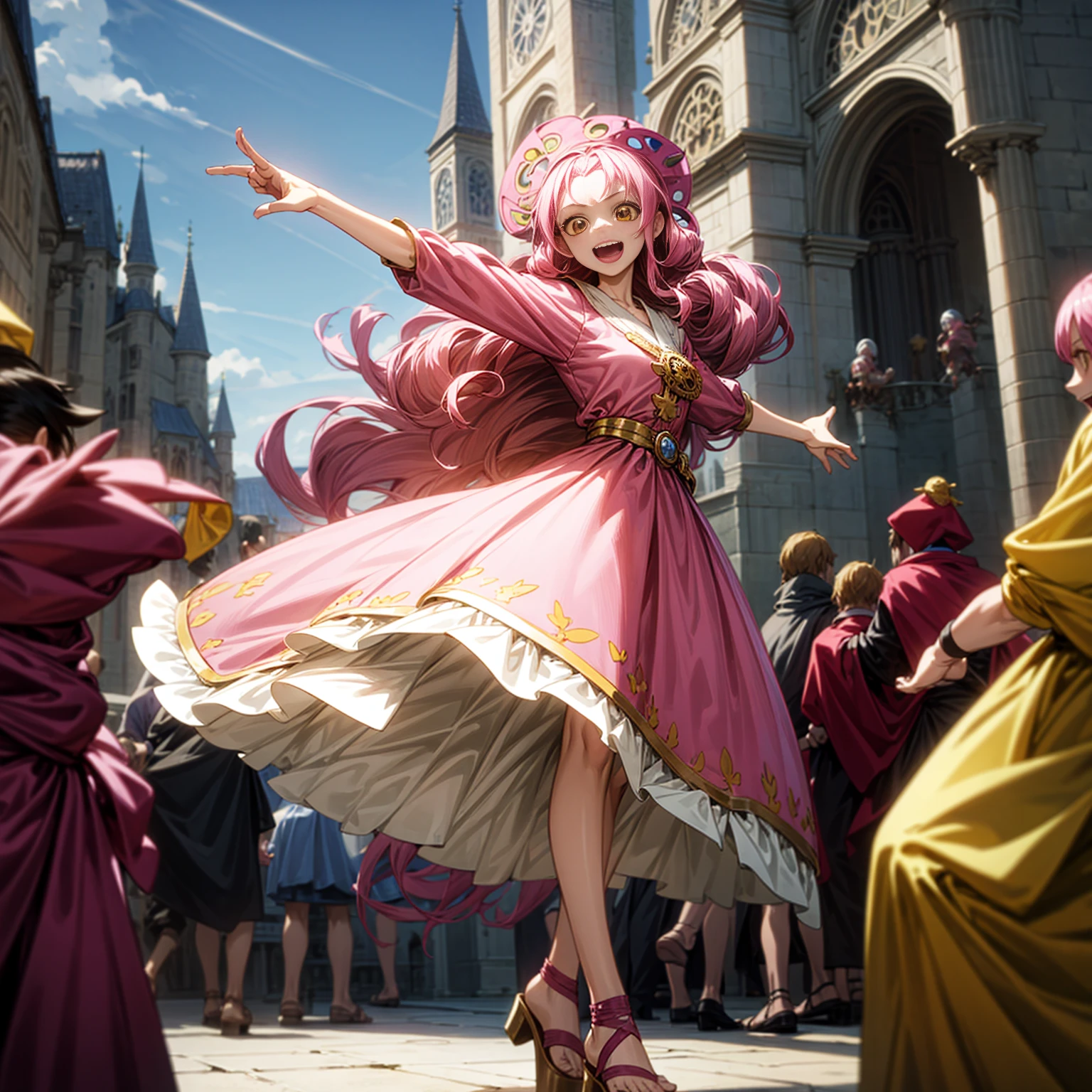 Solo character, full body version, young girl, long curly hair, pink colored hair, yellow eyes, open mouth, happy eyes, medieval outfit famele, sandals, town, carnival, skyblue, dancing gesture, (one piece style art), people, motion blur