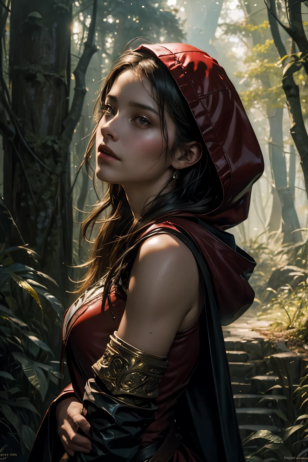 close-up portrait of NewLaraCroft in a forest, (contra-luz), realisitic, work of art, highest quality, ((red hooded cape)), ((scared )), Lens flare, ombre effect, blossom petals gently falling, (( flashes de luz)), [Chromatic aberration subtly accentuating the red cape], by Jeremy Lipking, a renowned contemporary realist painter, inspired by Antonio J. Manzanedo's masterful portraiture, and evoking the ethereal beauty of Alphonse Mucha's digital painting. The highest quality detail captures the intricate textures of