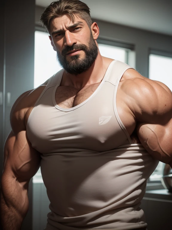 Old man, JP, An award-winning original photo, ( brown skin color), long gray hair, full white beard, A wild muscular old man, (80 years old daddy:1.1), 1boy, Solo, (tanktop), (big shoulders), musculature, stubbles, dark skin, long grey hair, thick grey beard, Detailed face, (evil smile), blue eyes, veins, wrinkles, big old man nose, nose with pronounced bridge and outward curve that protrudes from the base of the nose, dark olive skin color, brown skin, veins, absurdly huge nose, hawk nose, convex nose, well groomed moustache, (flexing his biceps), Dynamic Angle, volumetric lighting, (Best quality, A high resolution, Photorealistic), Cinematic lighting, Masterpiece, RAW photo, Intricate details, hdr, upper body shot